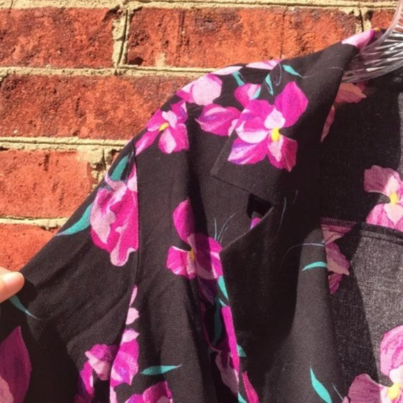 Black and Purple Floral Print Free Press Long Sleeve V-Neck Collared Blouse - Picture 6 of 15